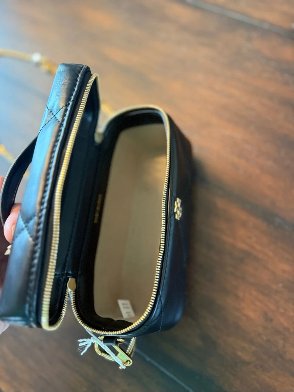 Tory Burch Black Quilted Leather Top-Handle Cosmetic Case with Gold Hardware
